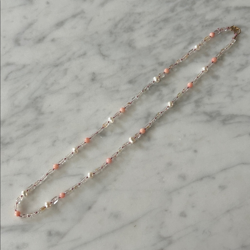 Hand knotted gemstone necklace in pearl, coral and citrine